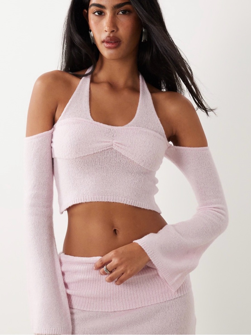 I.AM.GIA Light Pink Cold-Shoulder Halter Crop Sweater